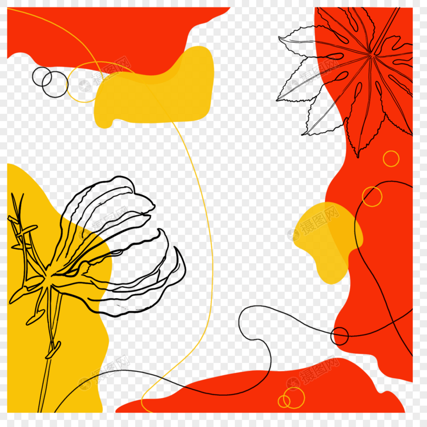 橙黄色线描花卉故事边框图片
