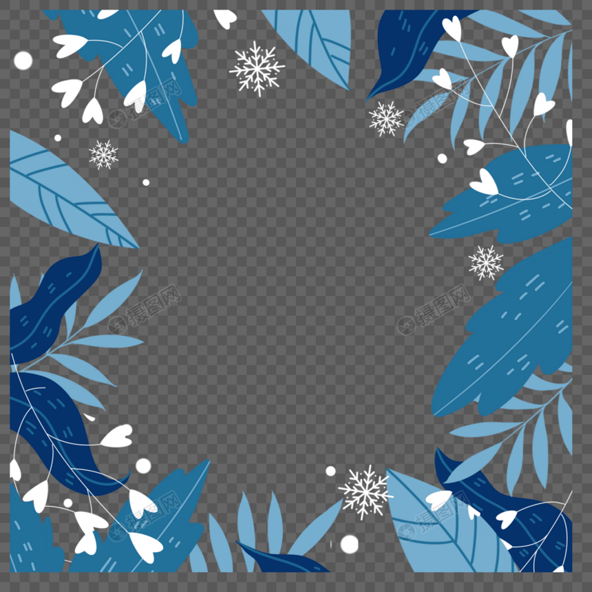 水彩蓝色树叶冬季植物边框图片