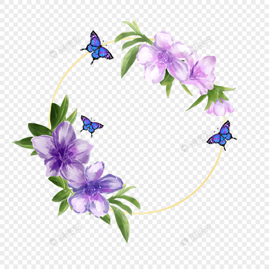 花卉边框蝴蝶水彩风格蓝紫色图片