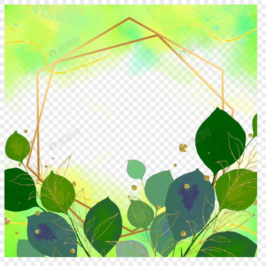 卡通风格绿色叶片植物花卉水彩边框图片