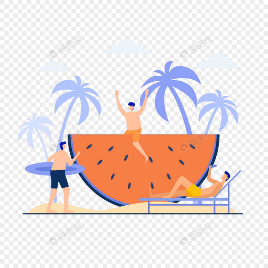 夏季假期旅行沙滩坐在西瓜上的人概念插画图片
