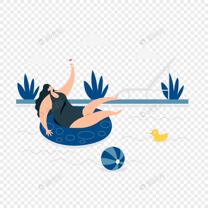 夏季假期游泳池里喝红酒概念插画图片