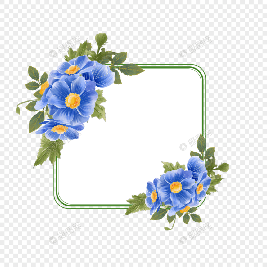 水彩蓝色银莲花花卉婚礼边框图片
