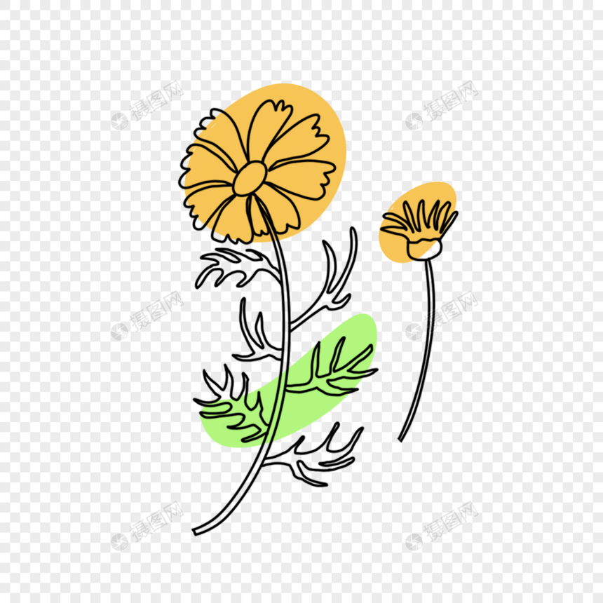 局部渲染叶子黄色花朵简笔画图片