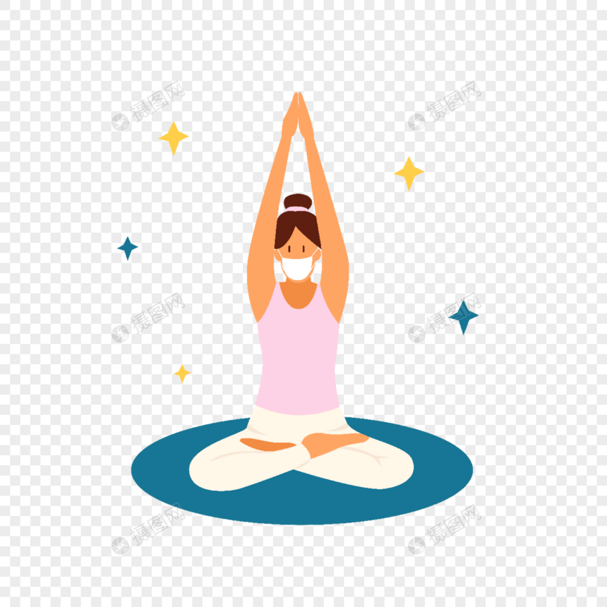 戴口罩粉色上衣女人合掌瑜伽运动插画图片