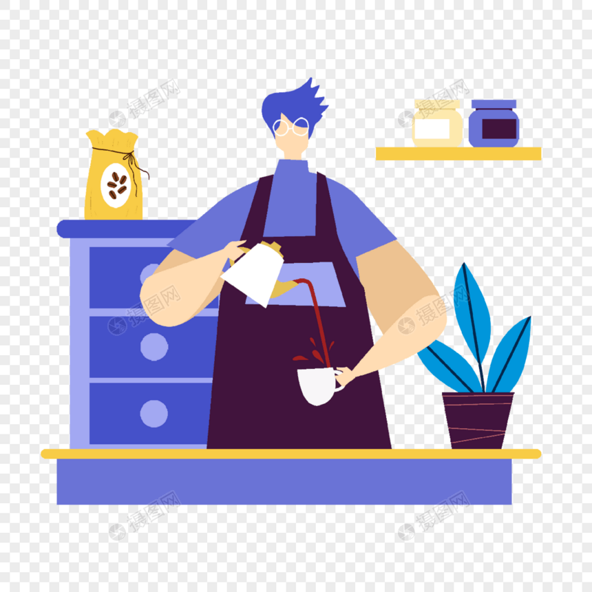 咖啡师咖啡制作扁平蓝色插画图片