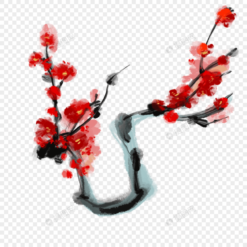 梅花创意水墨风格新年红色图片