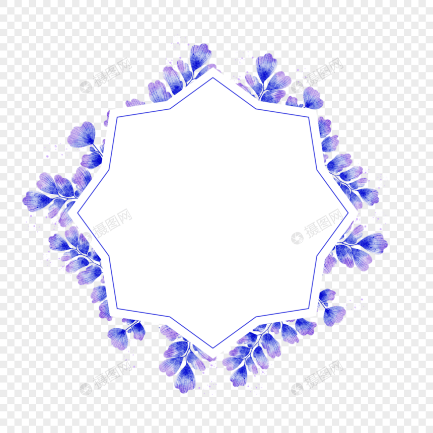 水彩蓝色树叶婚礼多边形边框图片