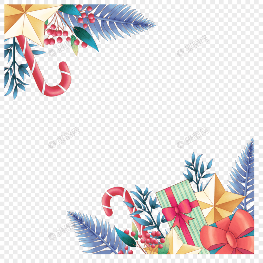 水彩圣诞拐杖礼物植物花卉边框图片