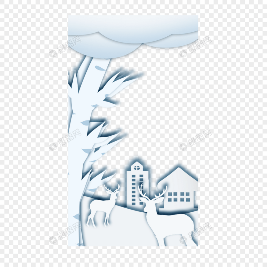 圣诞剪纸雪景故事边框图片