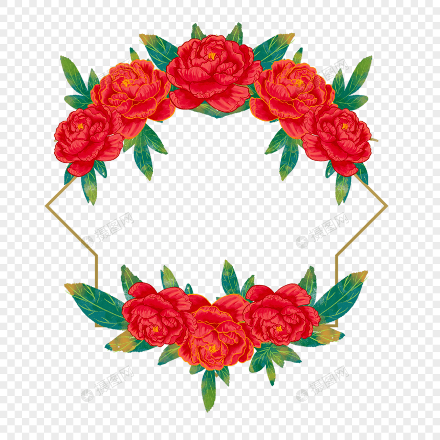 水彩红色牡丹花卉边框图片
