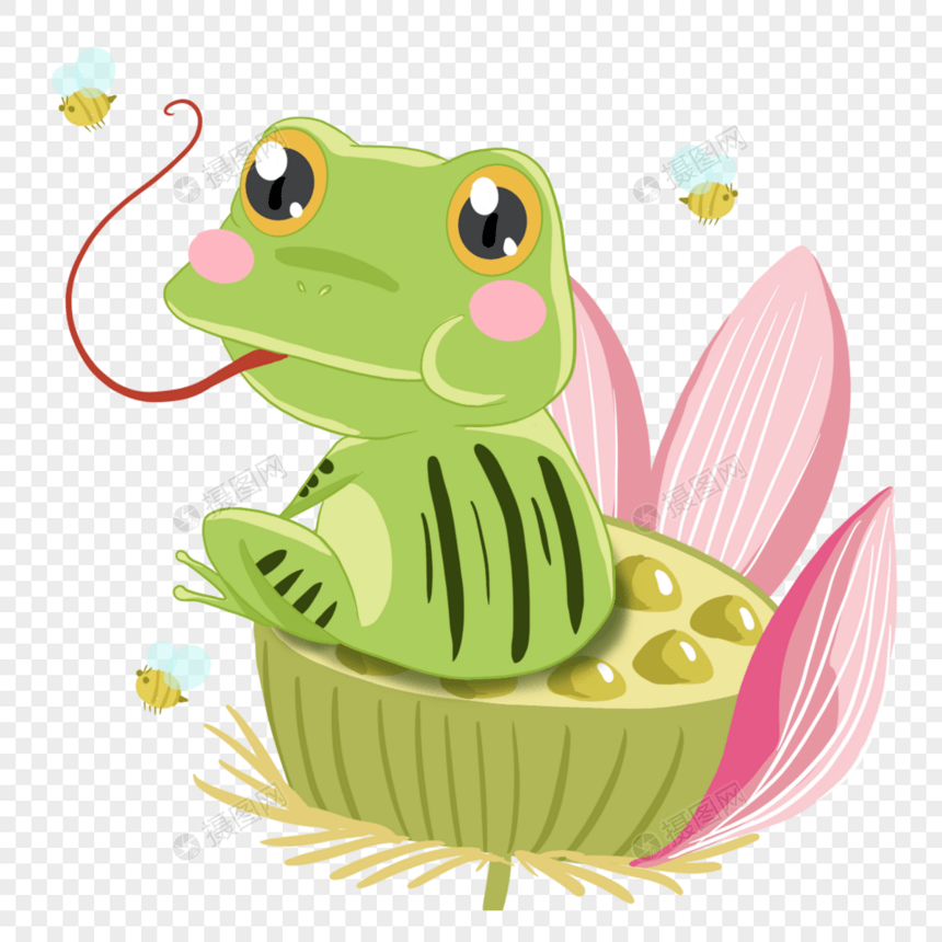 夏季卡通可爱坐在荷花上吃虫青蛙图片