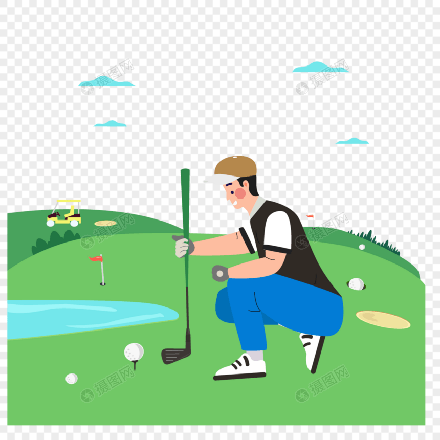 蹲下观察的男生高尔夫运动插画图片