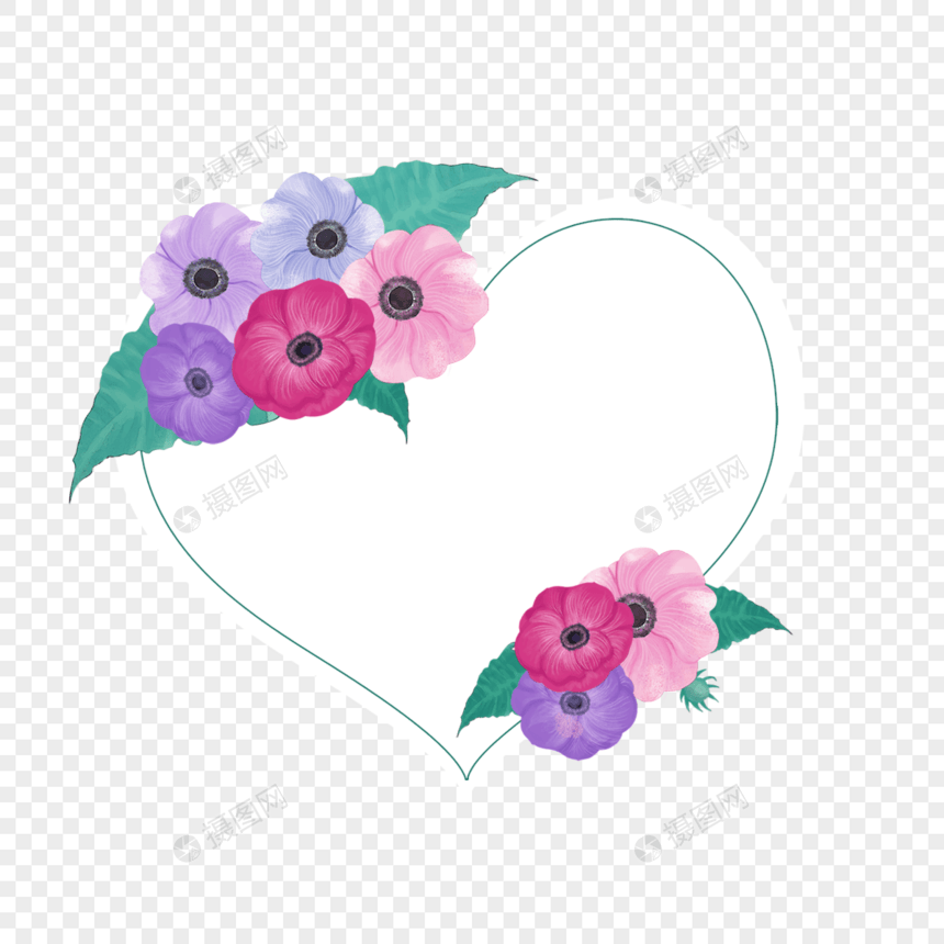 心形水彩银莲花花卉婚礼边框图片