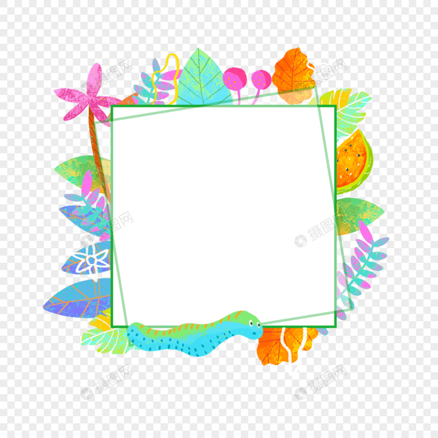 夏季水彩热带树叶方形边框图片