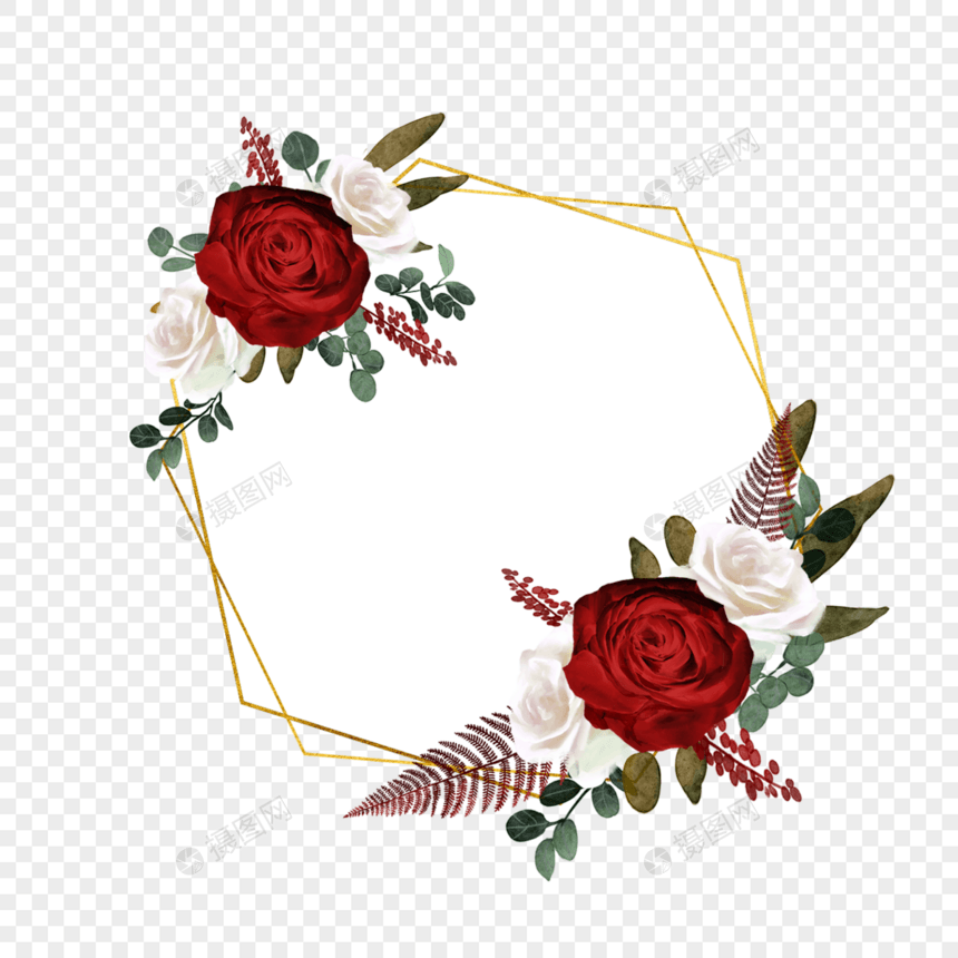 勃艮第玫瑰婚礼水彩六边形边框图片