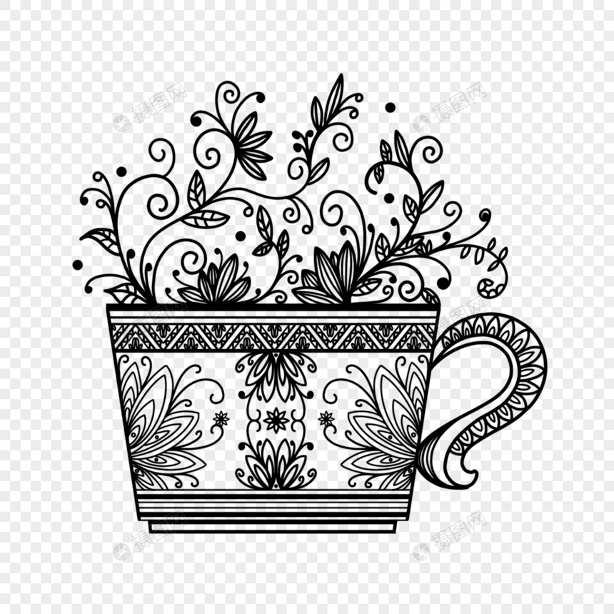 咖啡杯抽象黑白花艺图形图片