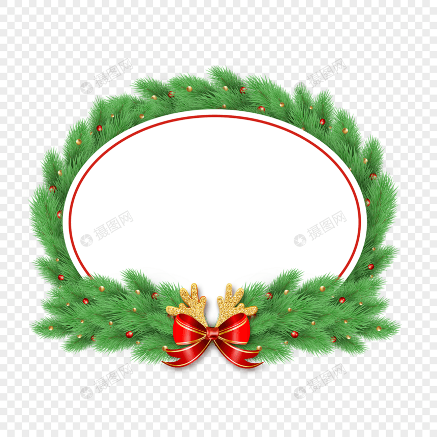 圣诞节松枝蝴蝶结椭圆形装饰边框图片