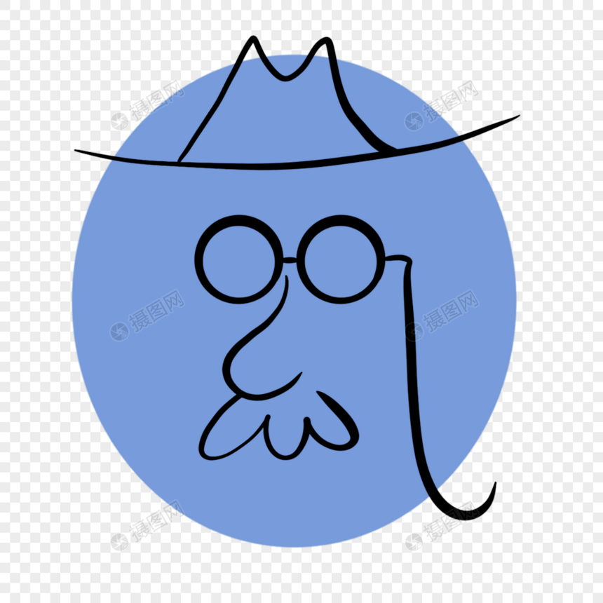 蓝色戴眼镜帽子可爱蜡笔画表情线条图片