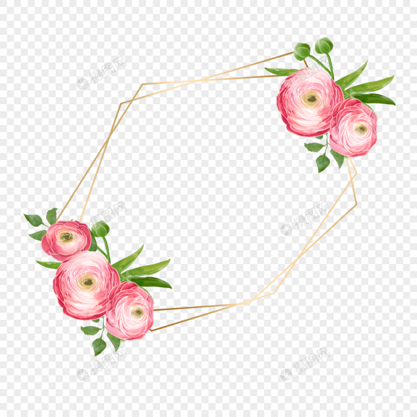 水彩婚礼花卉红色花毛茛金线线条边框图片