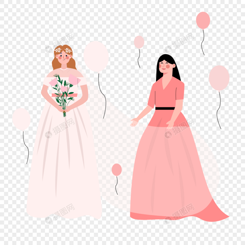 飘飞的气球婚礼伴娘人物插画图片