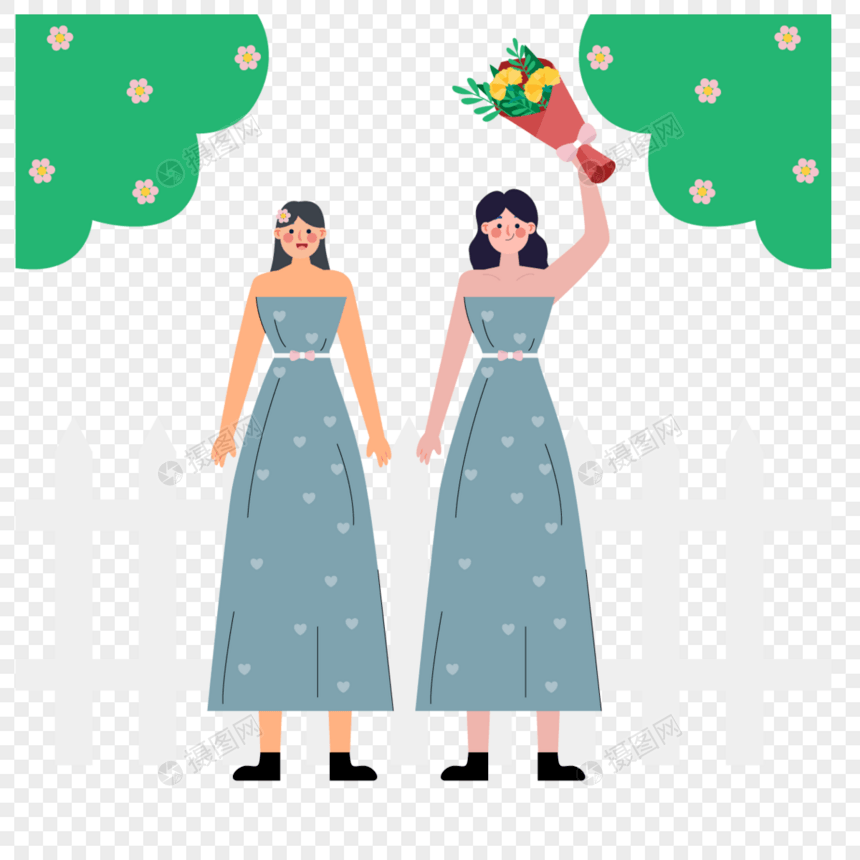 蓝灰色星点裙子婚礼伴娘人物插画图片