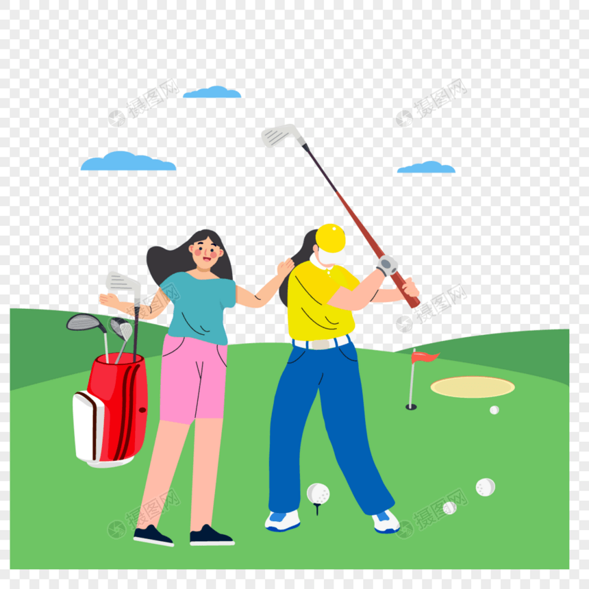 配合打球的男女情侣高尔夫运动插画图片