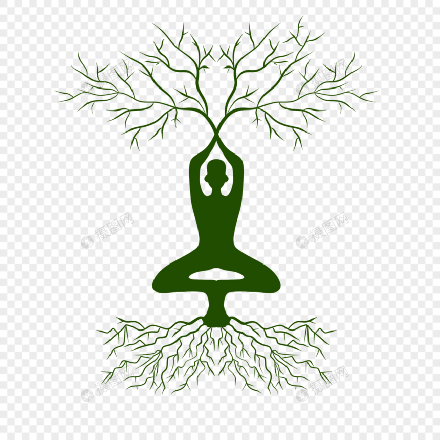 植物根系剪影瑜伽人物和树图片