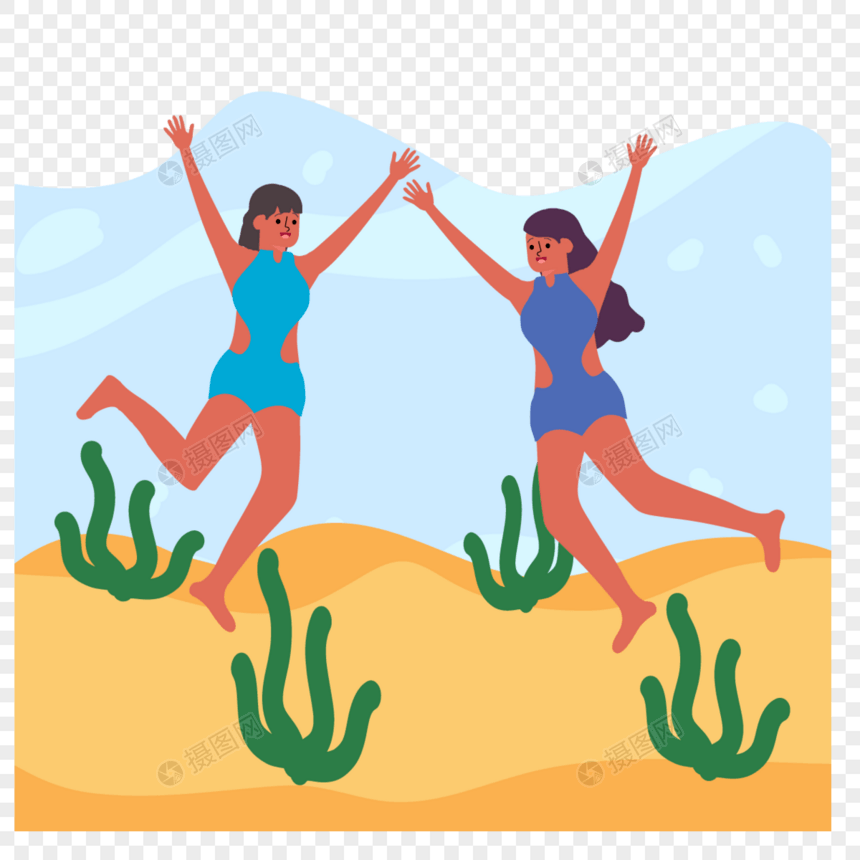沙滩跳跃的夏季海边人物插画图片