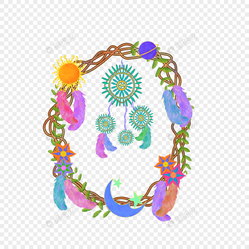 波西米亚水彩风羽毛圆环装饰图片