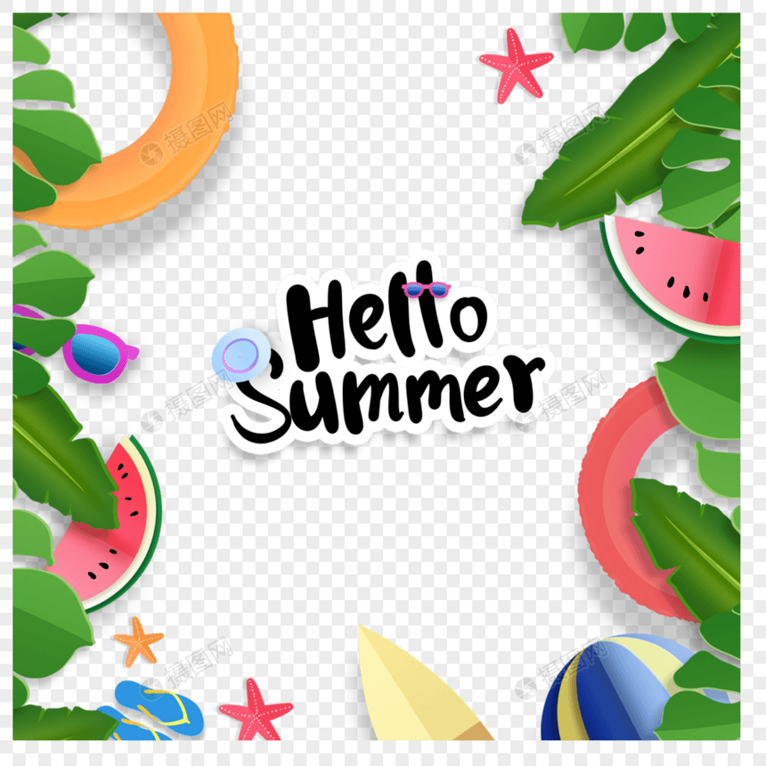 夏季剪纸沙滩边框美味水果绿色枝叶图片