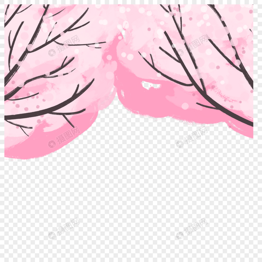 手绘春季旅游粉红色的花朵树冠插图图片