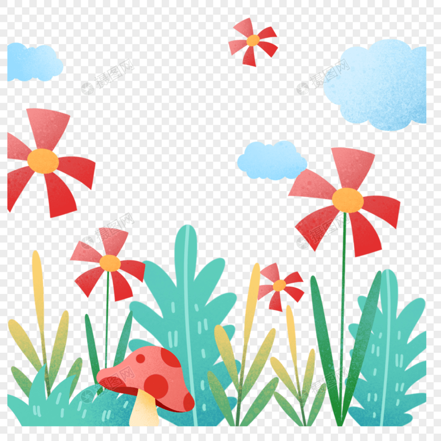 红色花卉植物云朵春季插画图片