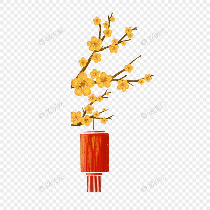 黄色梅花树上挂着的红灯笼图片