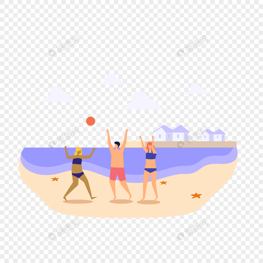 男女青年海边沙滩排球运动插画图片