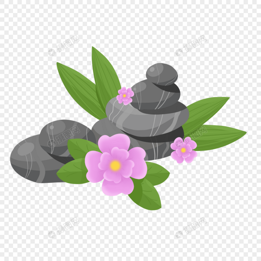 石头spa按摩叶子紫色花图片