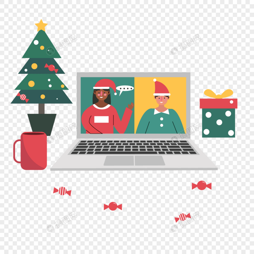 通过电脑进行圣诞节狂欢在线派对防护插画图片
