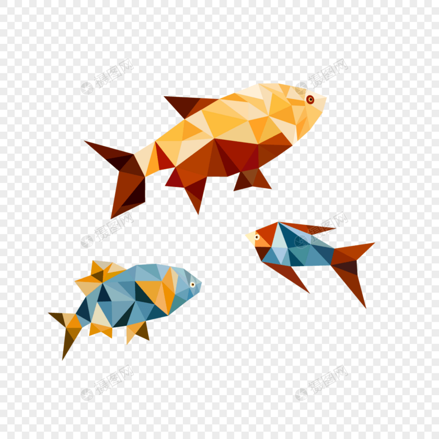 三条游动的几何形状低聚抽象鱼图片