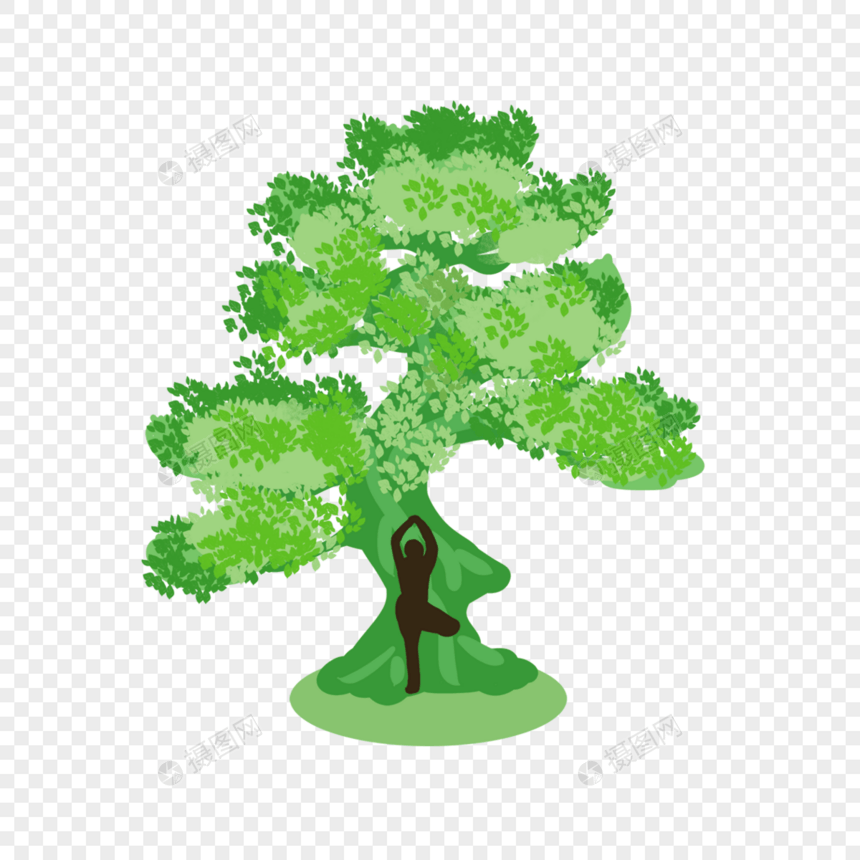 卡通绿色家庭树下瑜伽图片