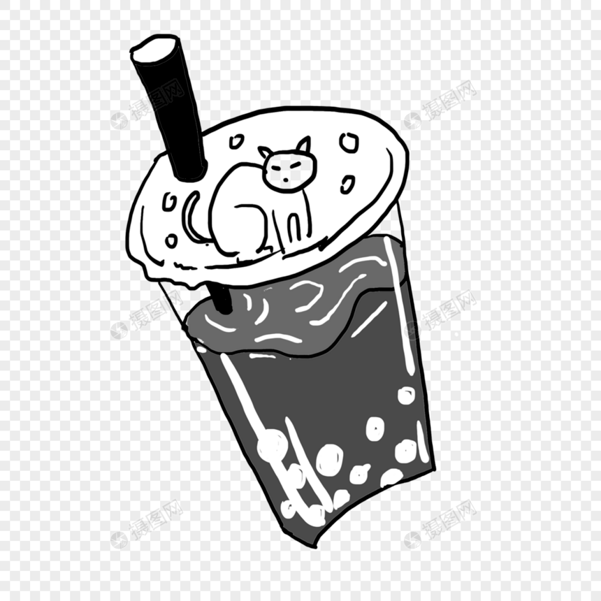 手绘猫咪饮料创意黑白单色涂鸦图片