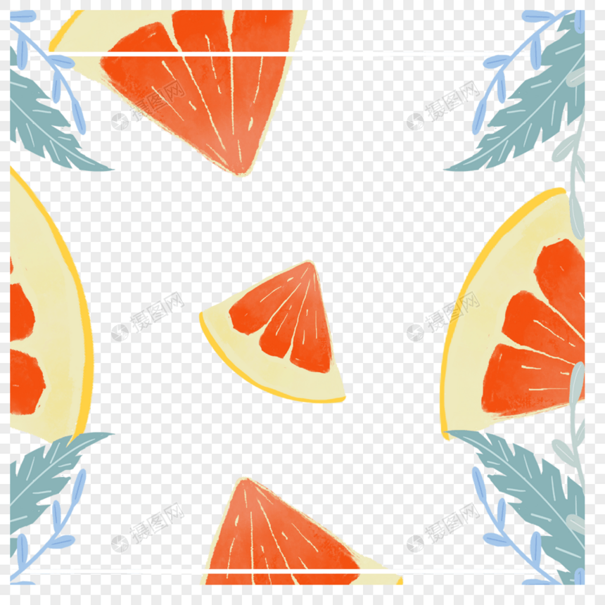 切片西柚和叶子装饰抽象植物边框图片