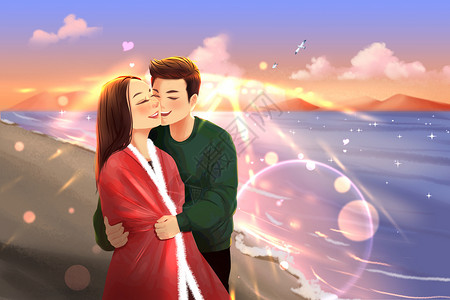 情人节海边拥抱的情侣卡通插画高清图片