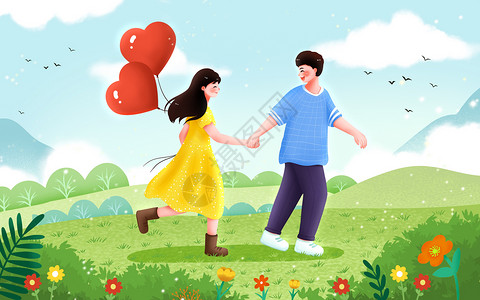 情侣气球素材情侣牵手草地上散步插画插画
