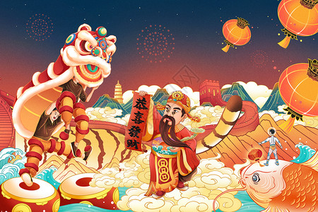 龙年逛庙会之敲鼓财神醒狮贺新年春节贺年插画插画