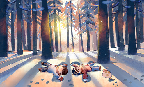 松树林里雪人冬天雪景插画小朋友玩雪插画