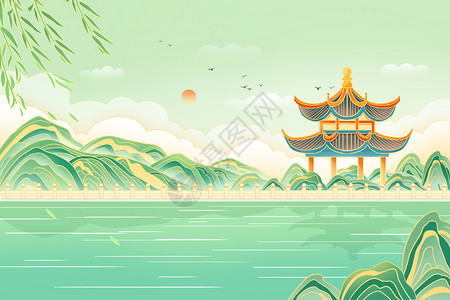 对称园林国潮中国风春天插画海报插画