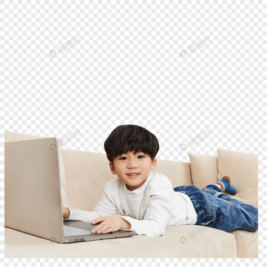 小朋友在沙发上玩耍看电脑图片