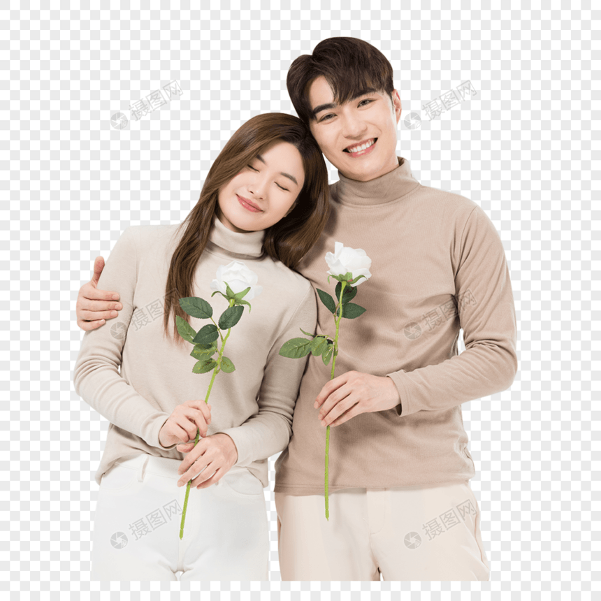 韩系情侣亲密相拥手拿玫瑰鲜花
