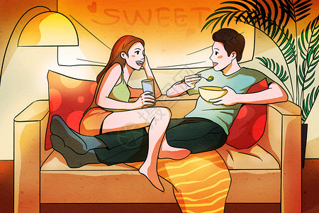 聊天情侣素材情侣居家沙发一角温馨插画插画