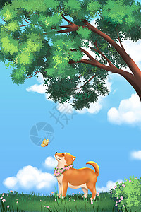 树下的狗狗与蝴蝶萌宠卡通动物插画背景图片